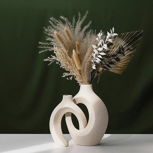 Nordic Ceramic Vase Set with Natural Pampas Grass