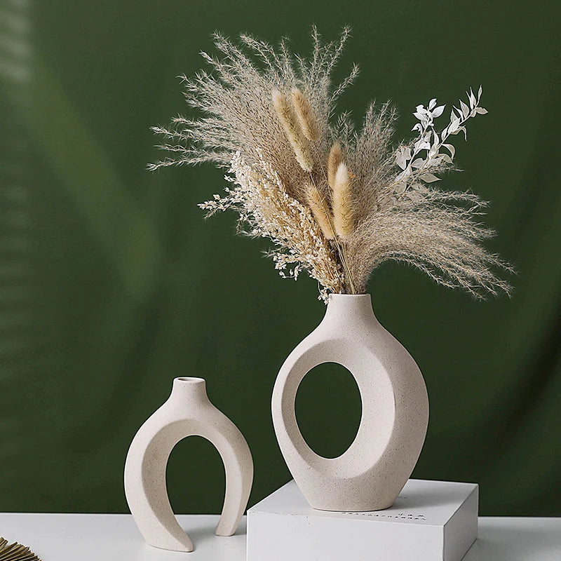 Nordic Ceramic Vase Set with Natural Pampas Grass